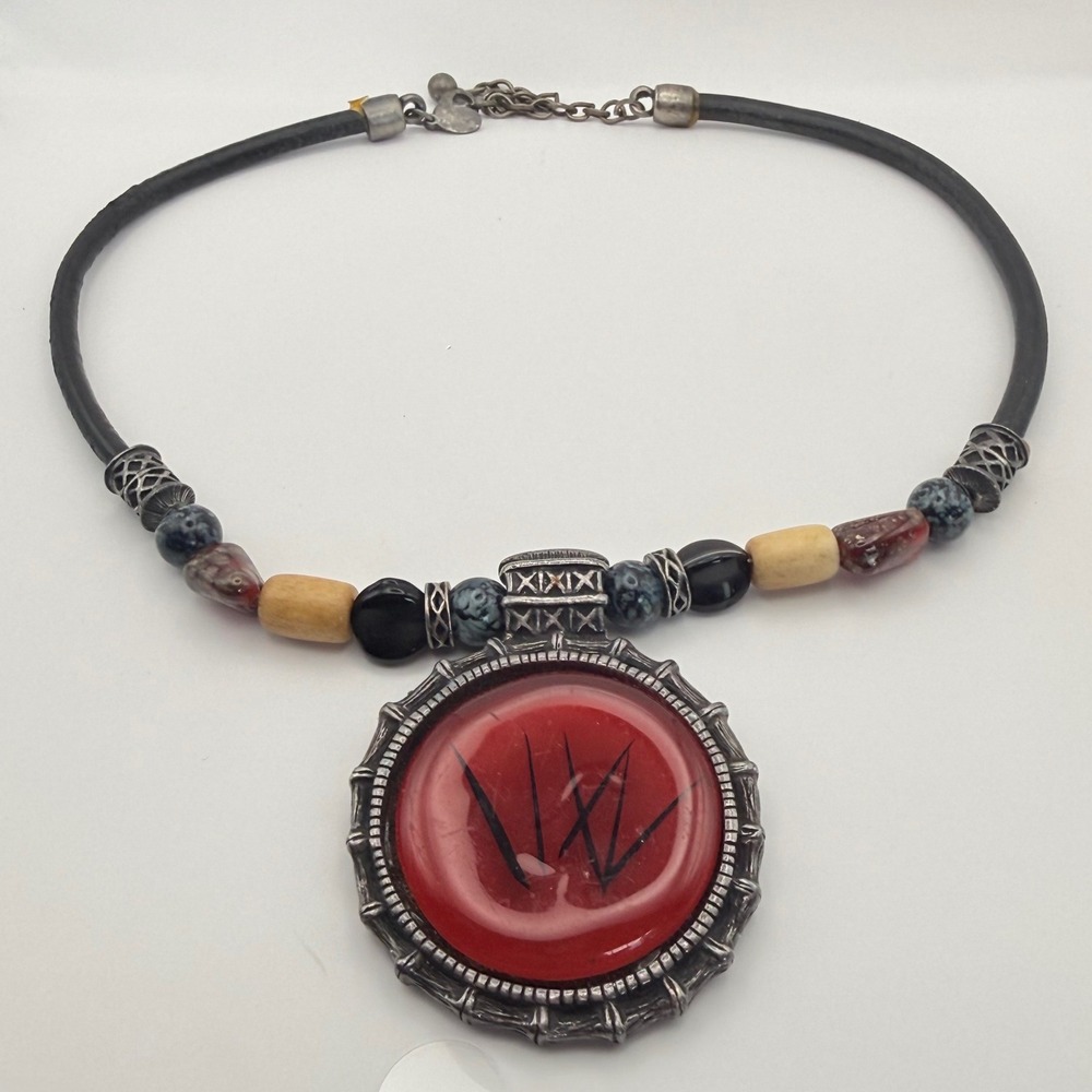 Vintage Chicos Red Asian Necklace Silver Tone Beaded Leather Cord Bohemian 1990